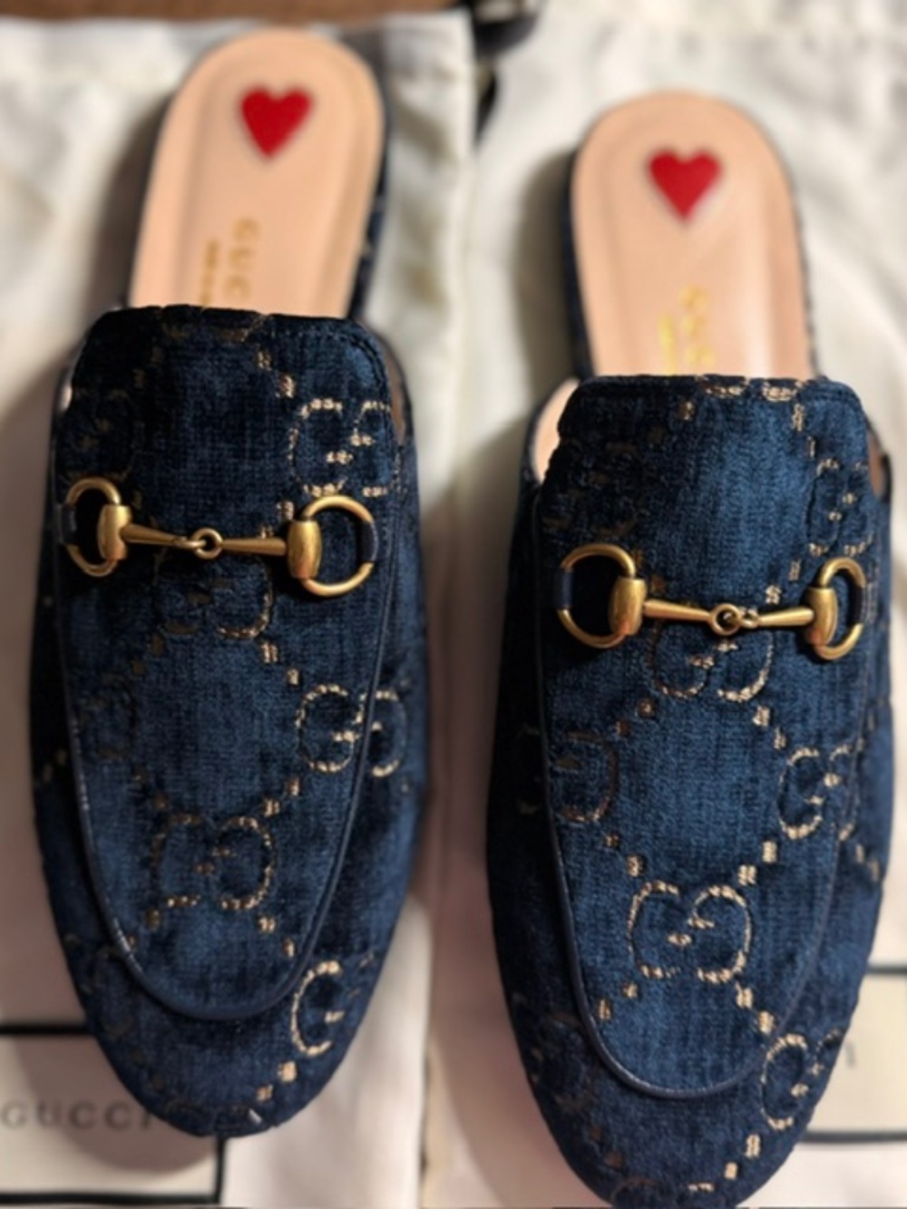 Gucci Navy Velvet GG Logo Backless Loafers with Gold Horsebit